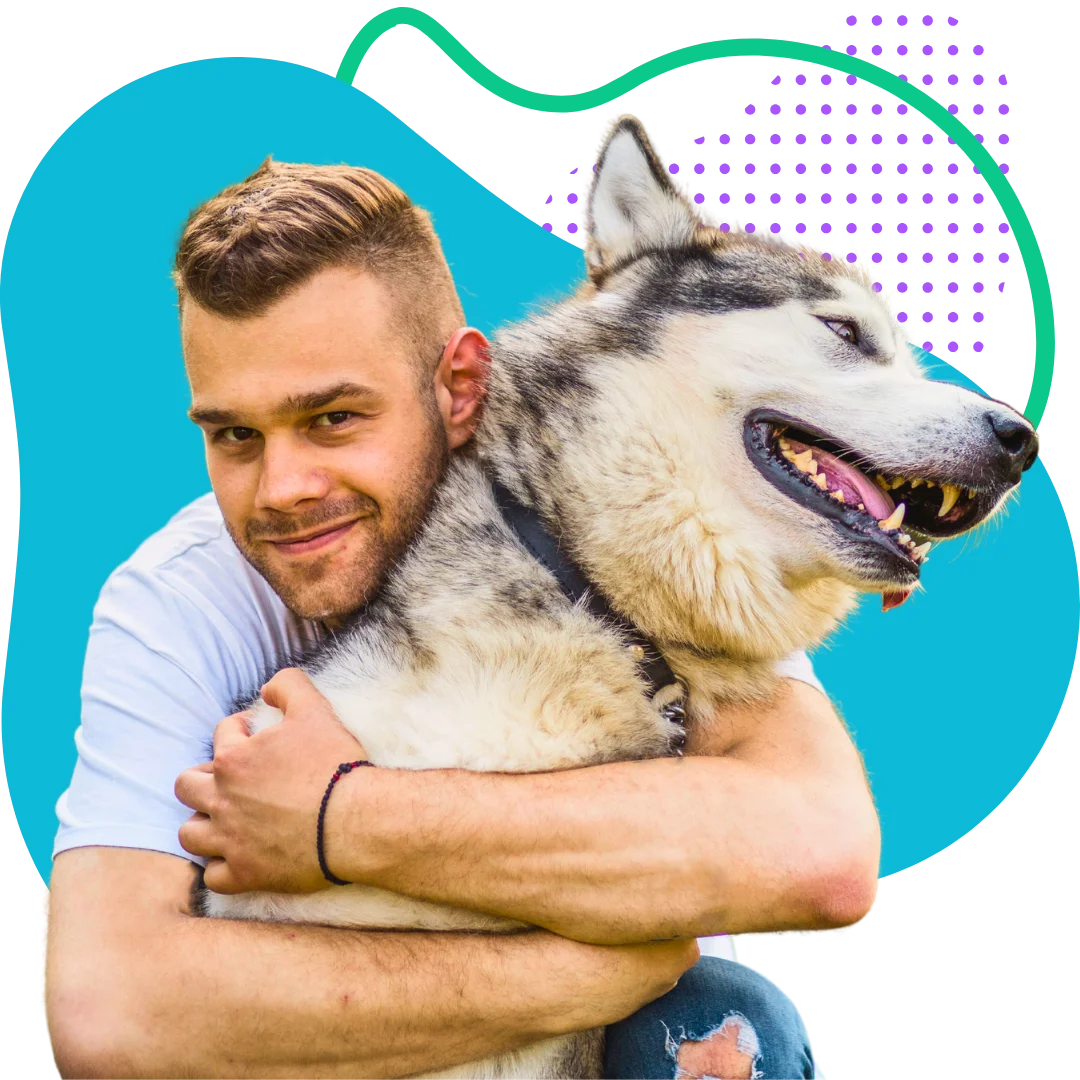 man embracing his husky dog with a colorful abstract background